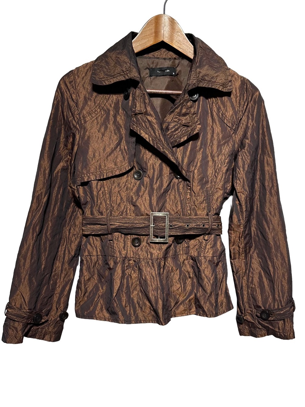 Bronze Iridescent Cropped Trench Jacket Belted Metallic Small
